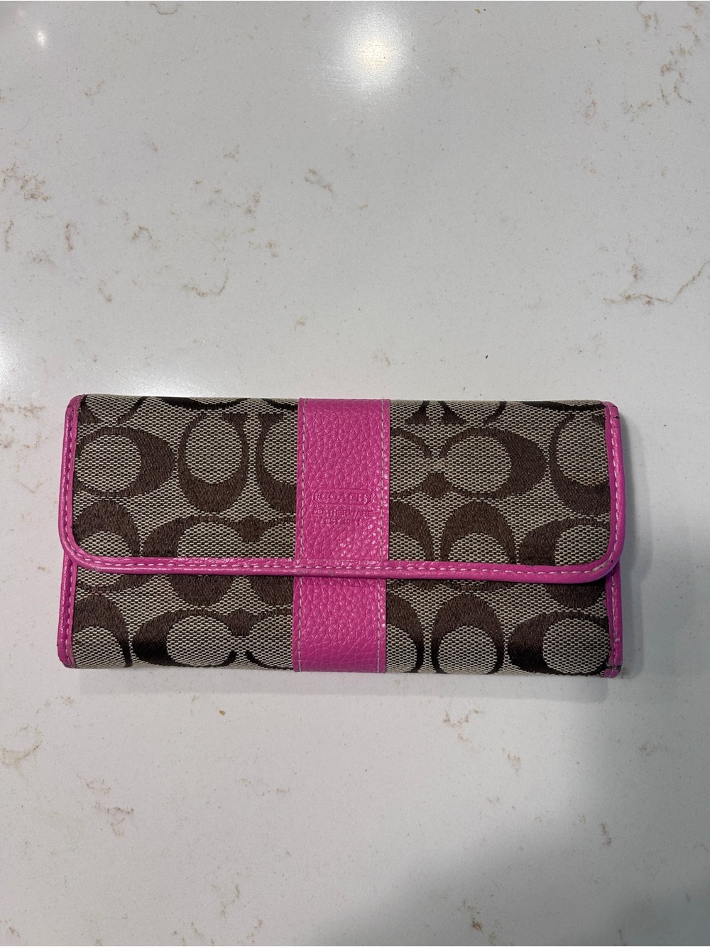 Coach Brown Signature Canvas Wallet with Pink Leather Trim